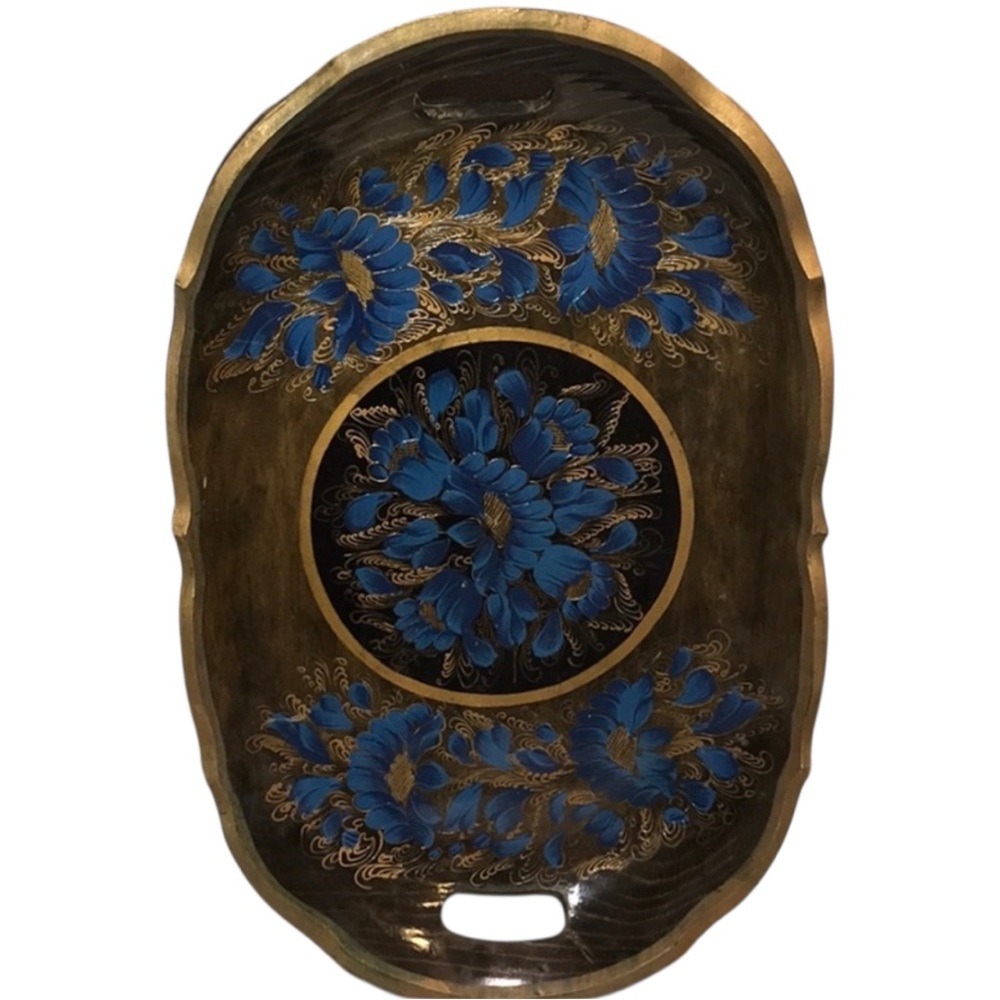 Wooden Mexican Batea Tray Blue Floral Lacquered Handmade Floral Folk A…